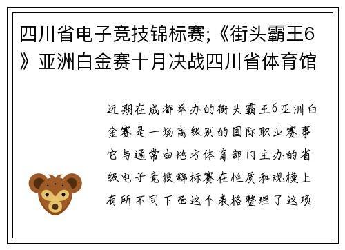 四川省电子竞技锦标赛;《街头霸王6》亚洲白金赛十月决战四川省体育馆